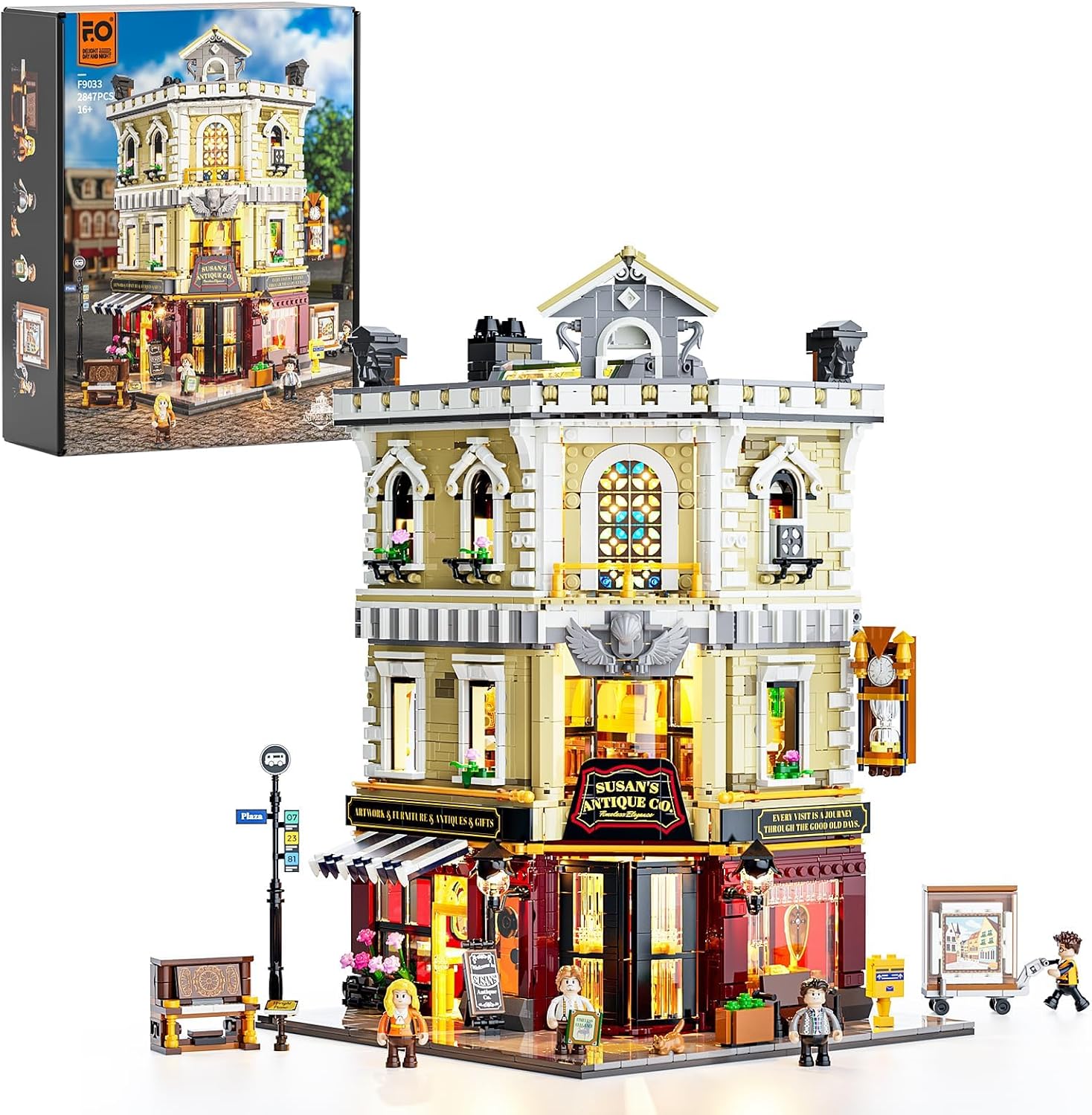 FunWhole Antique-Store LED lighting building bricks set, 2847-piece modular corner collectibles shop model