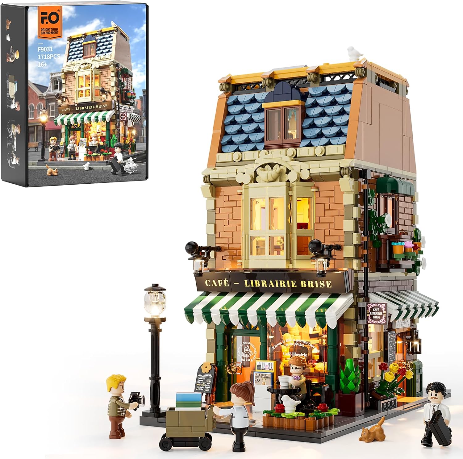 FunWhole Book-Café LED lighting building bricks set, 1718-piece modular coffee house and bookshop model