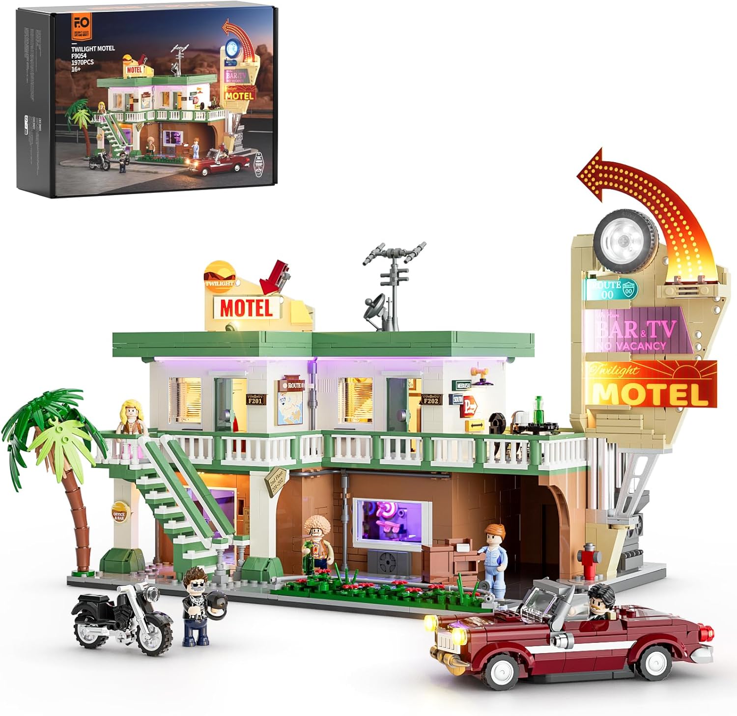 FunWhole City Car-Hotel LED lighting building bricks set, 1970-piece modular twilight motel with car and motorcycle