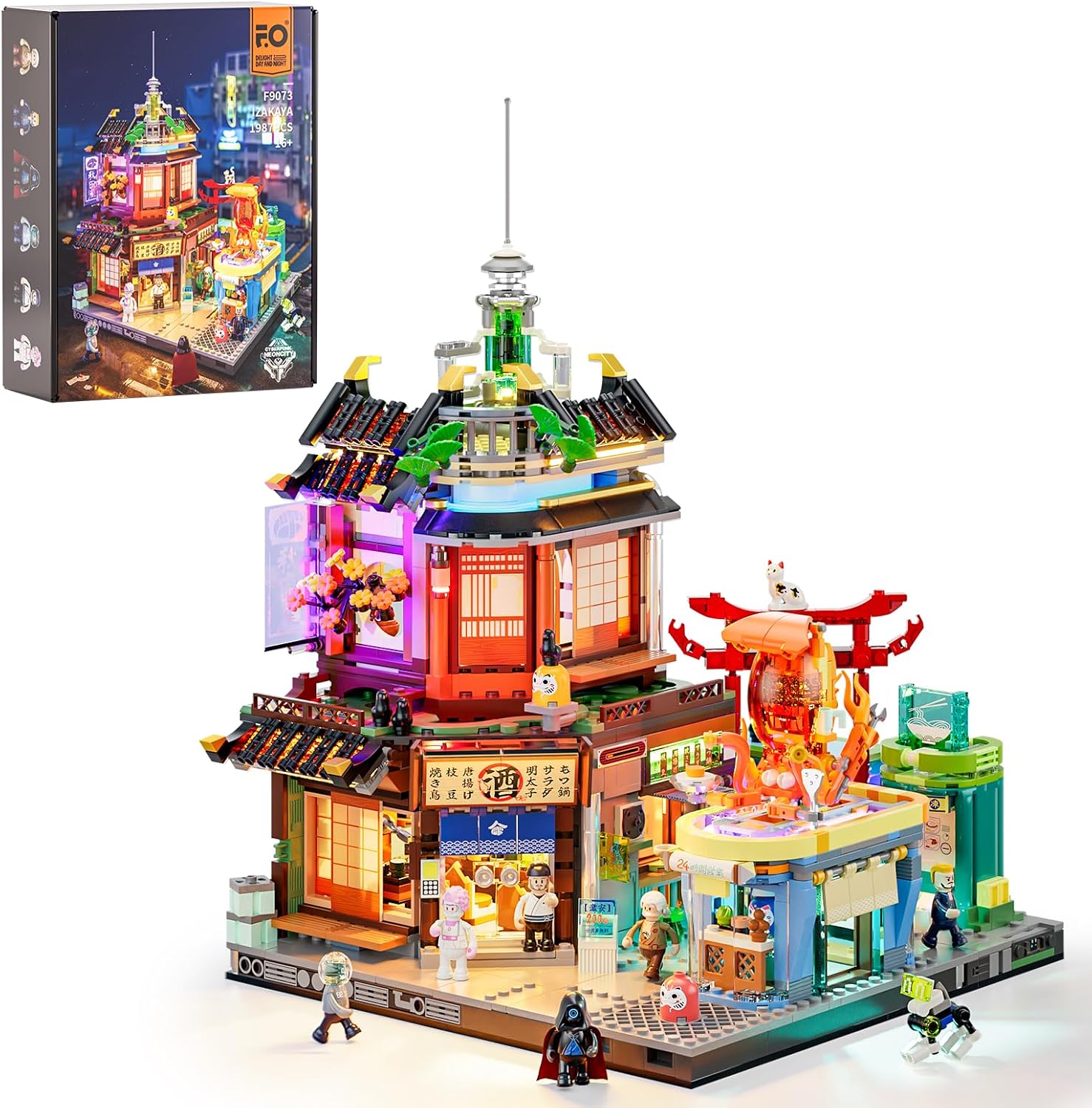 FunWhole Cyberpunk Japanese Izakaya LED lighting building bricks set, 1987-piece neon sci-fi street model