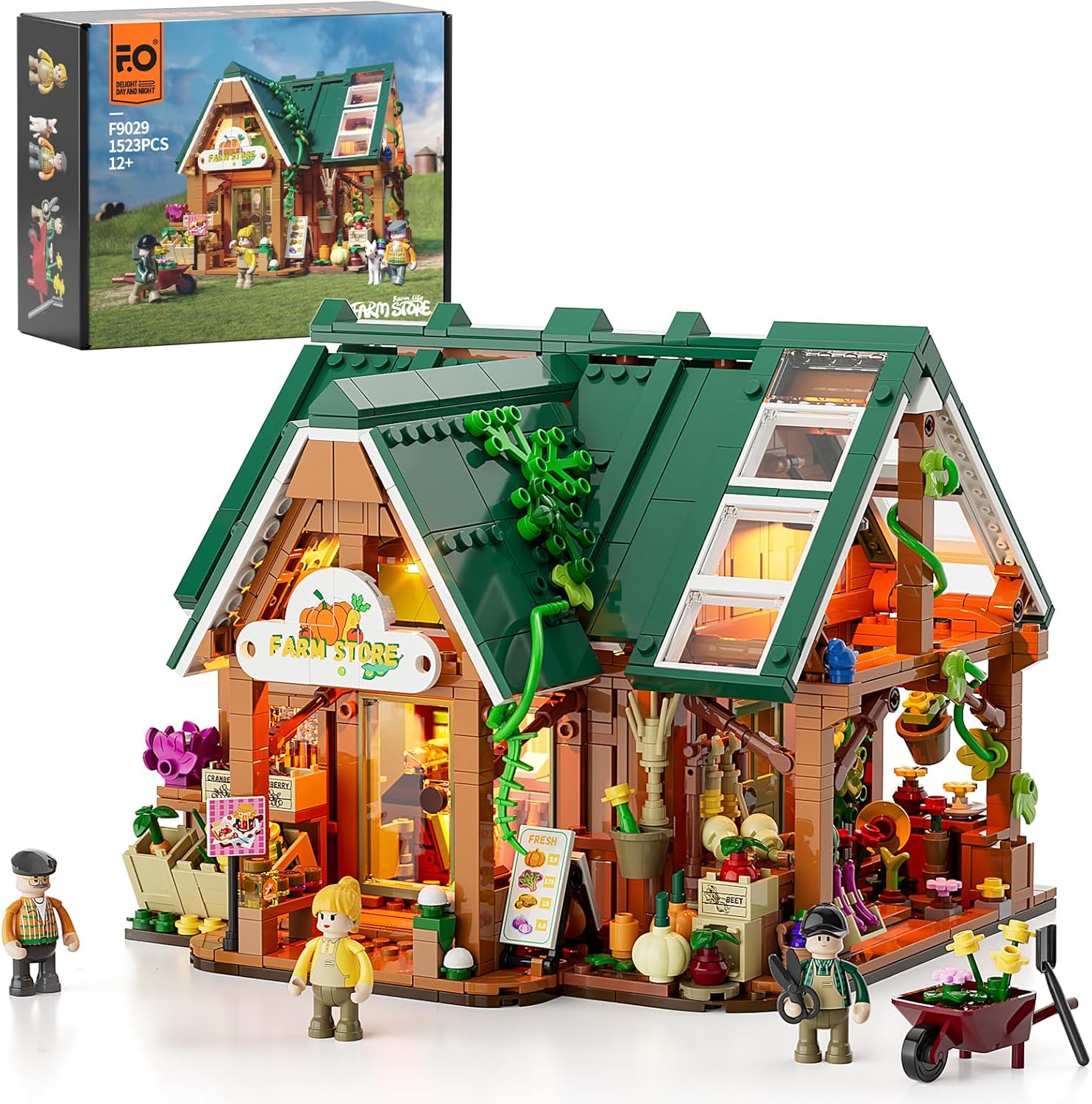 FunWhole Farm-Store LED lighting building bricks set, 1523-piece country farm shop model