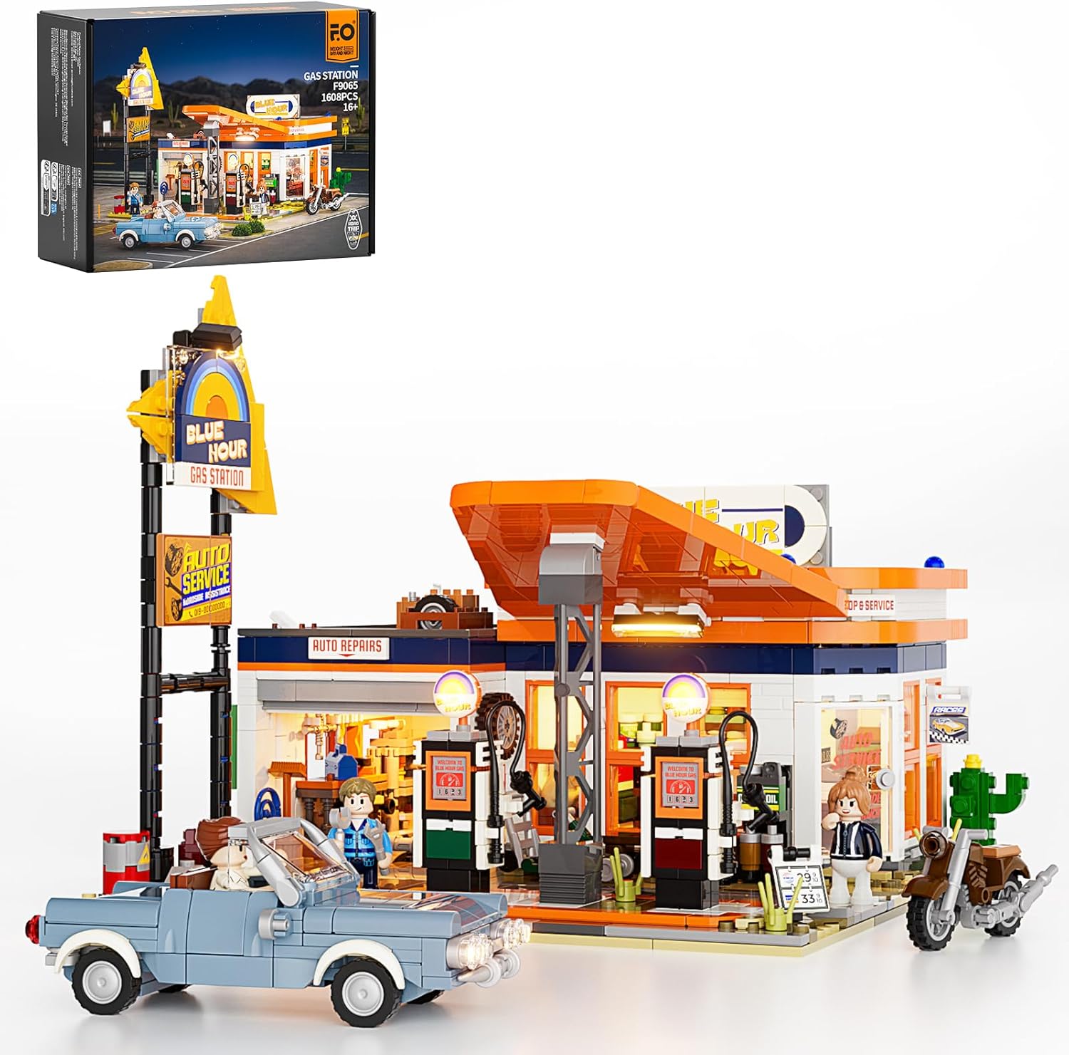 FunWhole City Gas-Station LED lighting building bricks set, 1608-piece modular road trip service station model