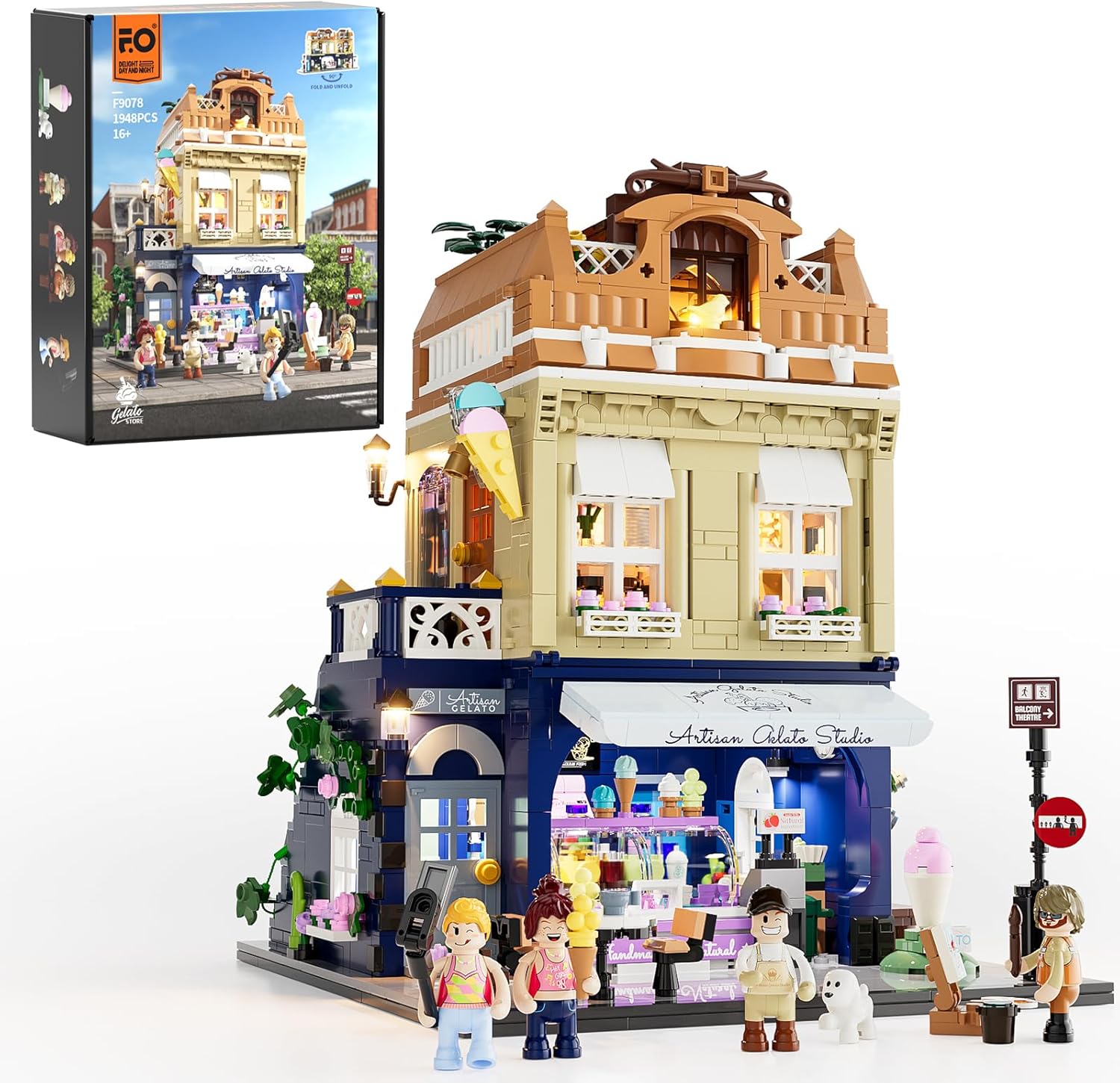 FunWhole Gelato-Store LED lighting building bricks set, 1948-piece modular ice cream shop model
