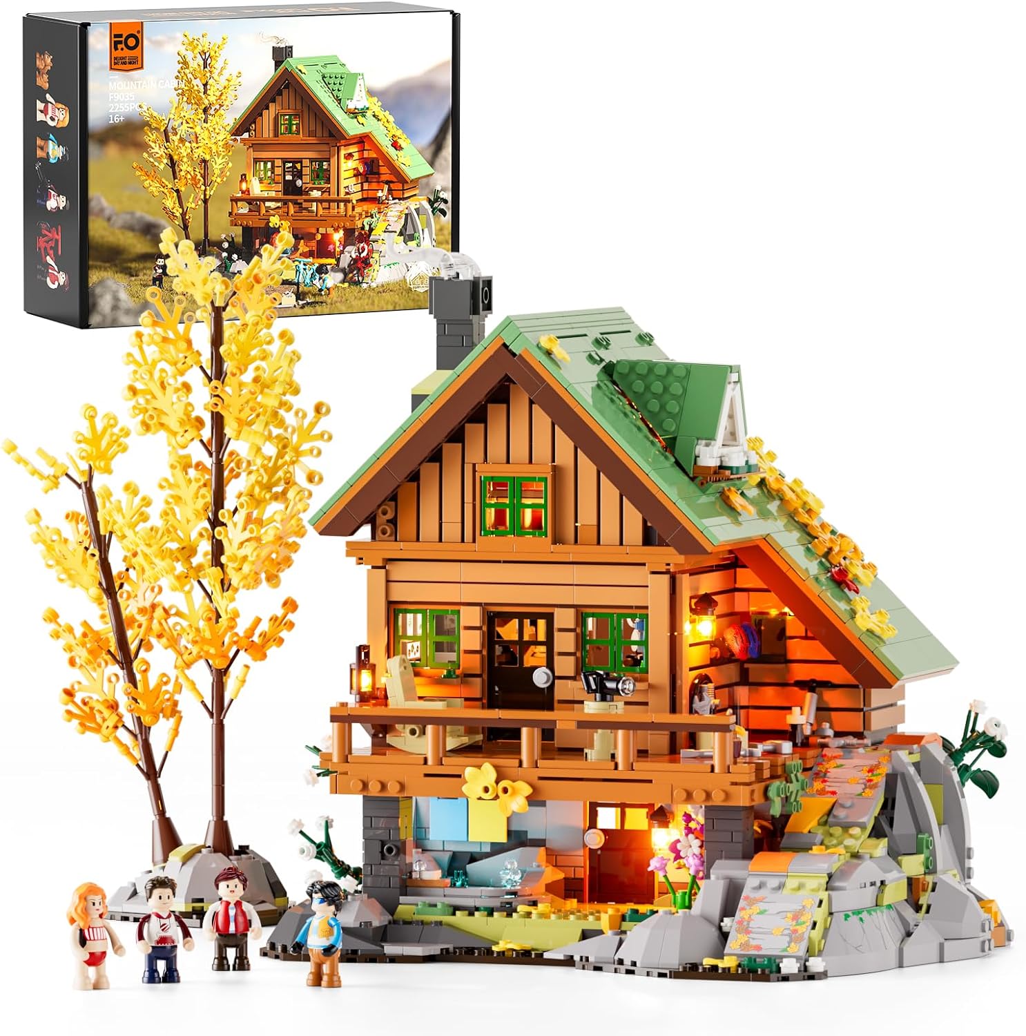 FunWhole Mountain-Cabin House LED lighting building bricks set, 2255-piece mountain house and treehouse model