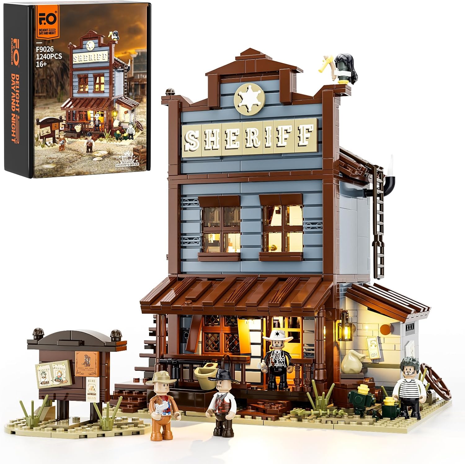 FunWhole Sheriff's-Office LED lighting building bricks set, 1240-piece Old West frontier model
