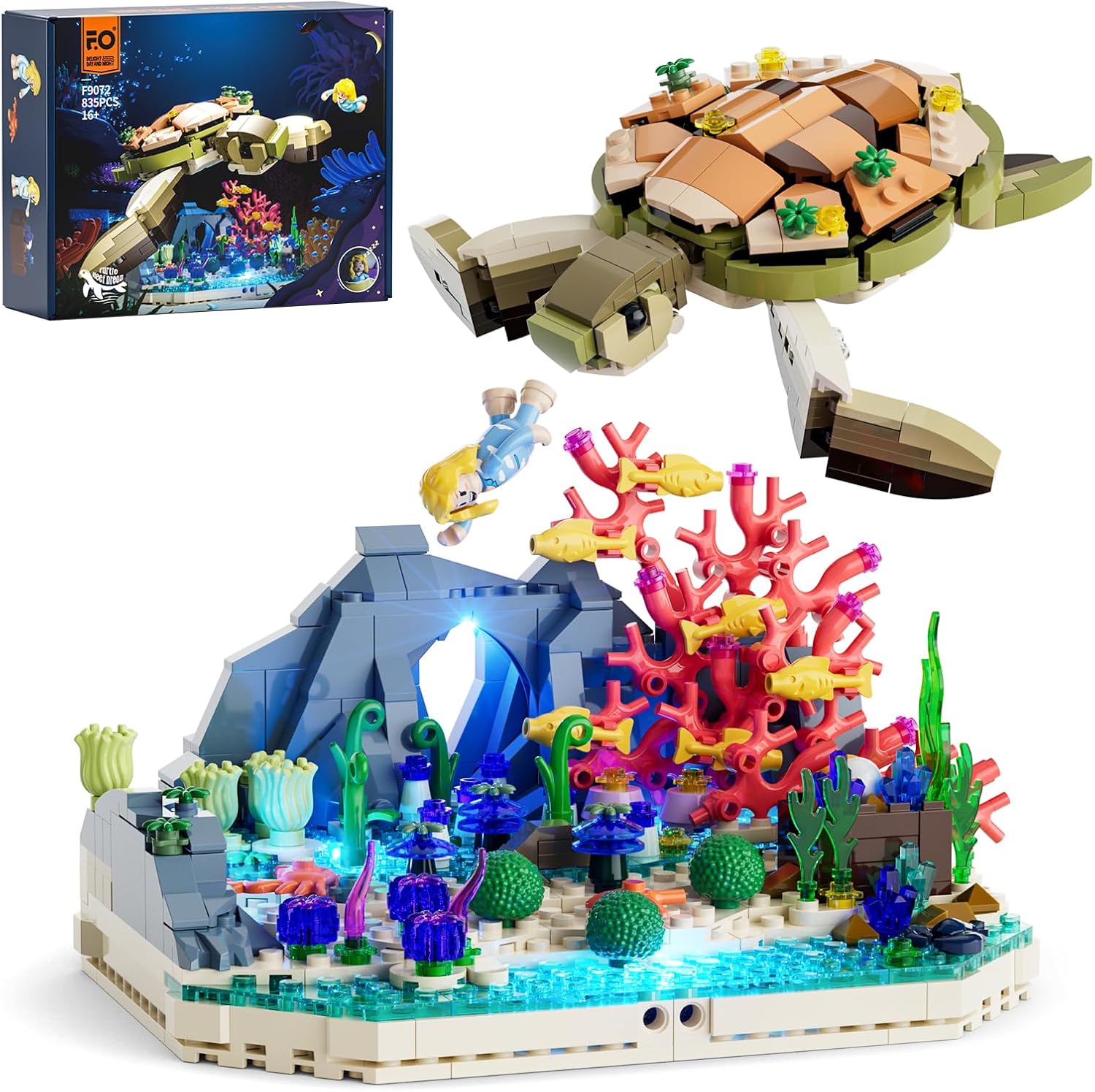 FunWhole Turtle Reef Dream LED lighting building bricks set, 835-piece ocean plants collection with sea turtle