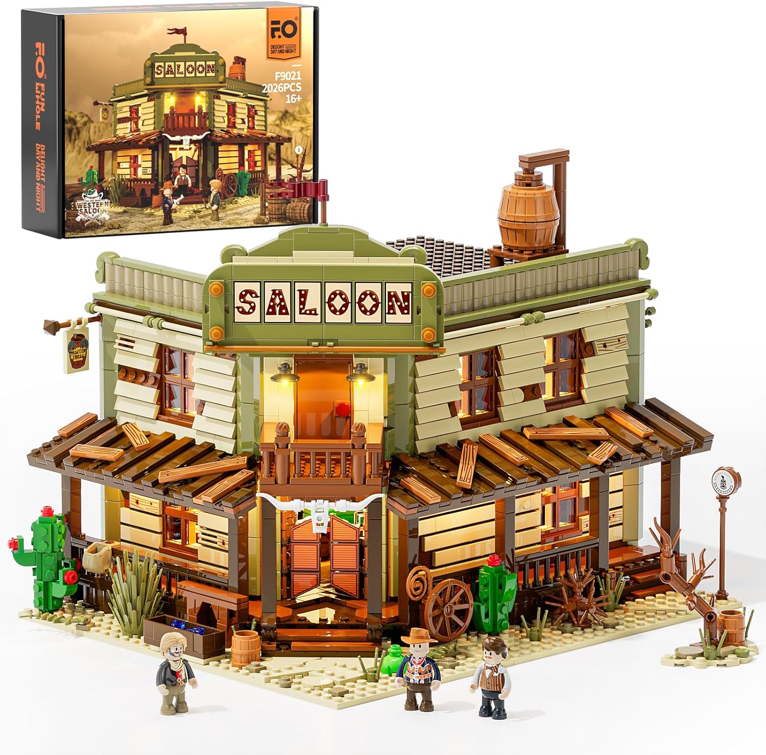 FunWhole Western-Saloon LED lighting building bricks set, Old West saloon model with warm lamp lighting